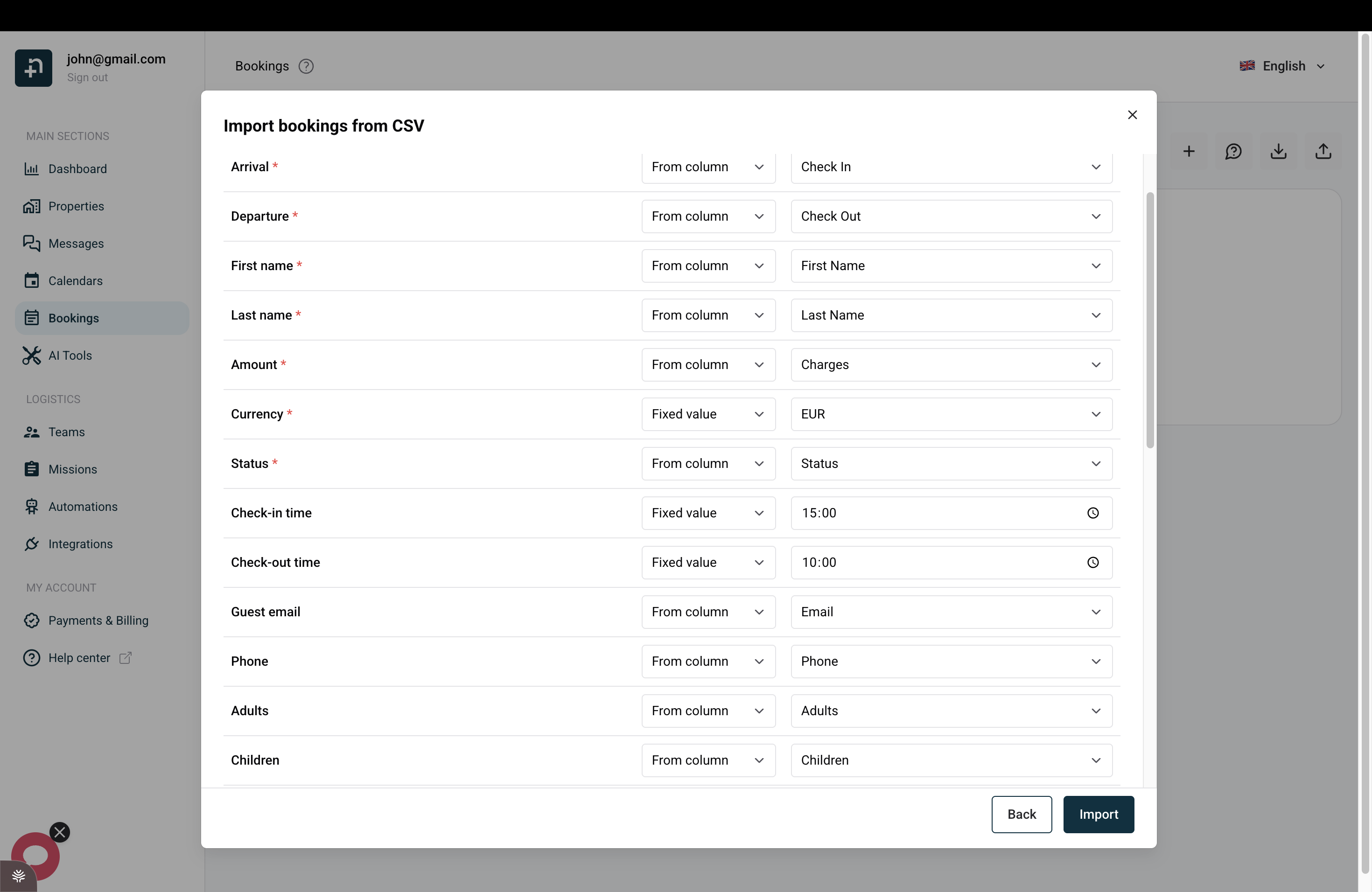 Using a fixed value for fields such as Currency, Check-in time and Check-out time when the CSV does not contain them.