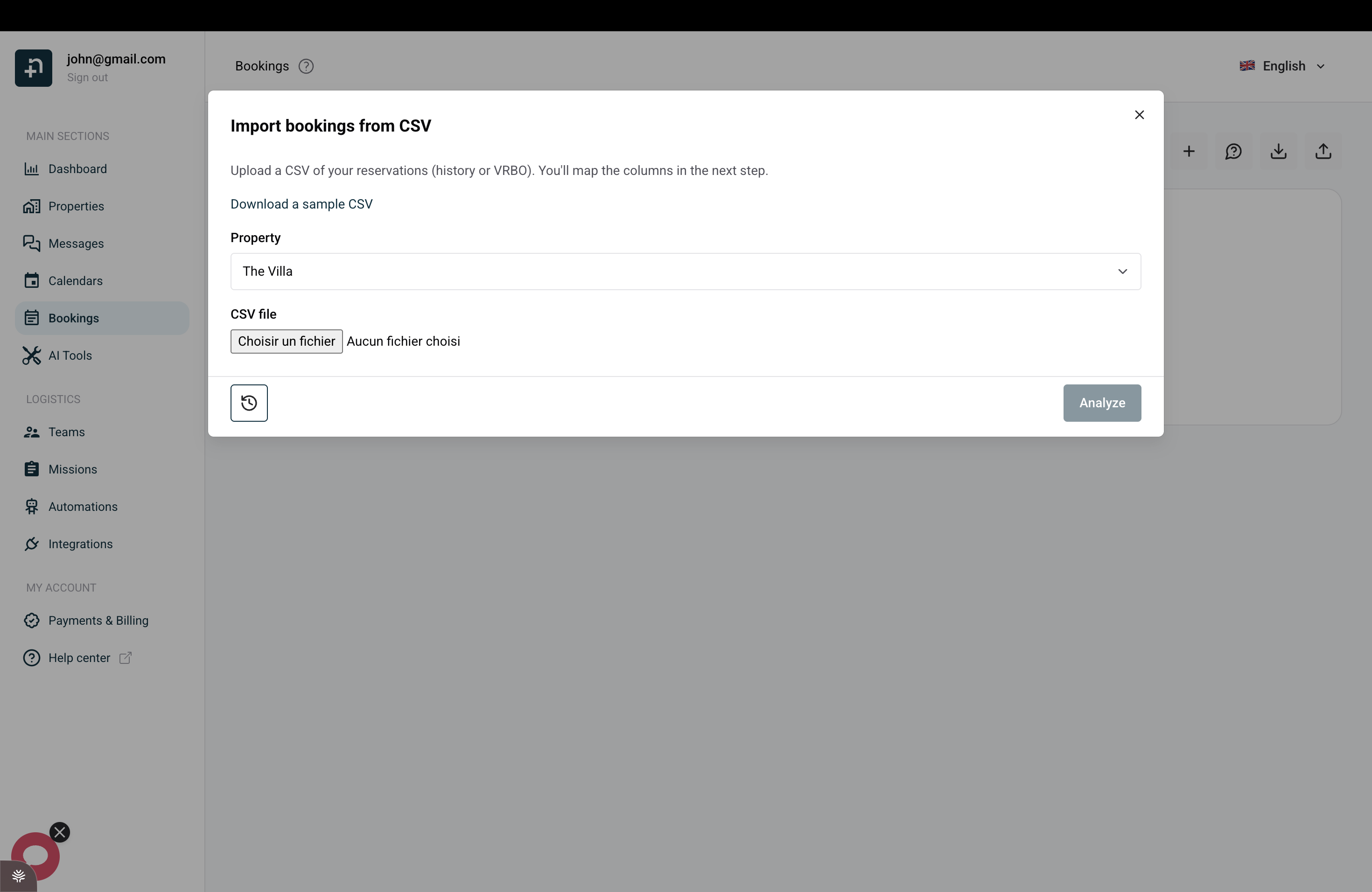 The Import bookings from CSV window: choose a property, download a sample CSV, and upload your file before clicking Analyze.