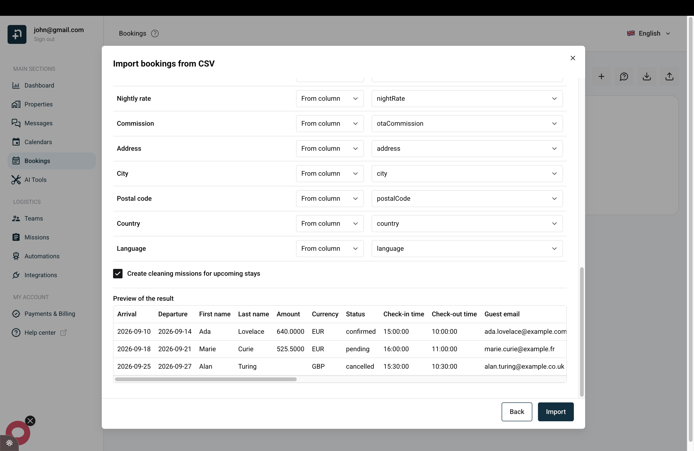 The result preview with the create cleaning missions option, showing how each booking will be created before importing.