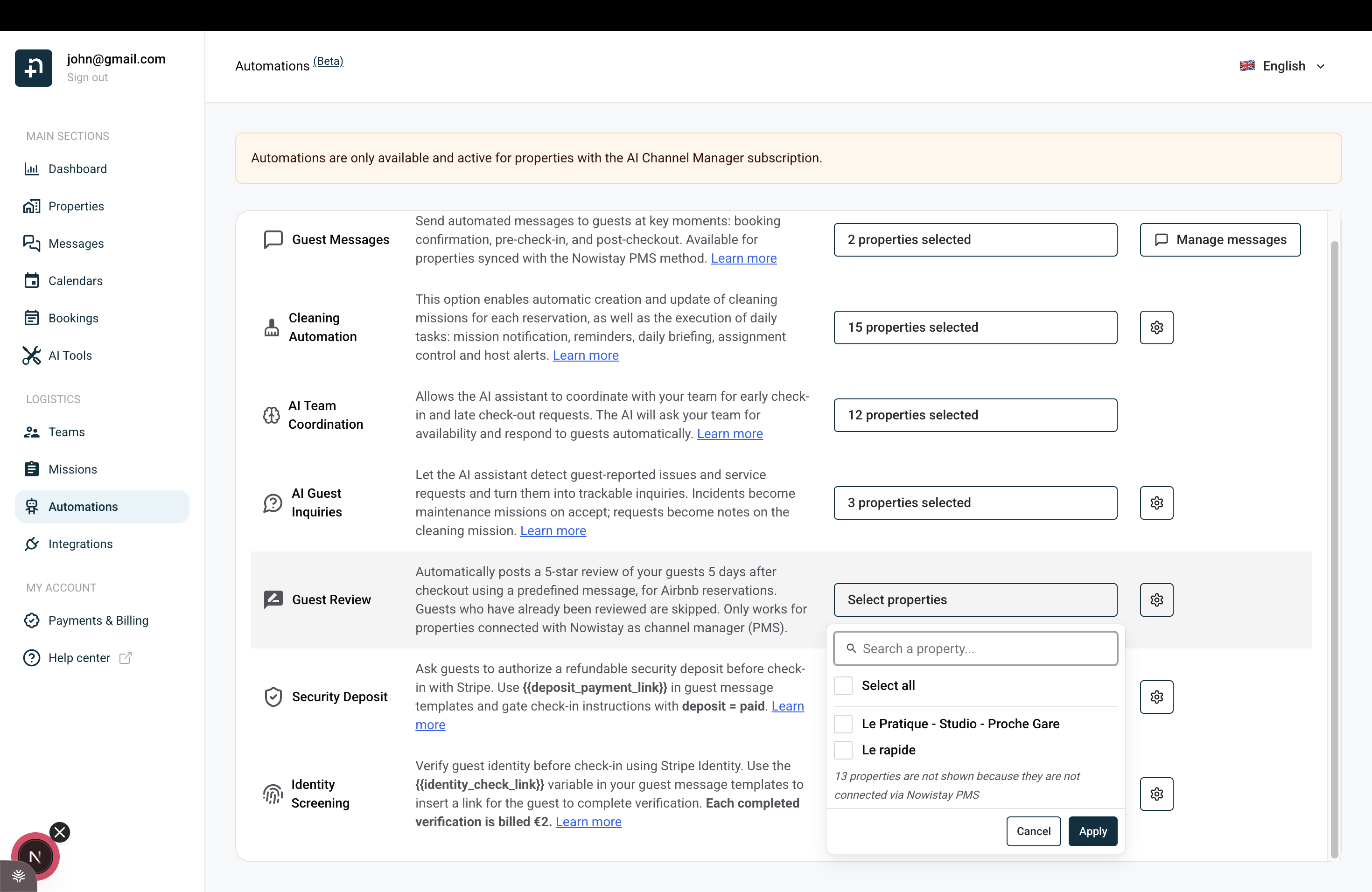 The Automations page with the Guest Review row and the property selector open