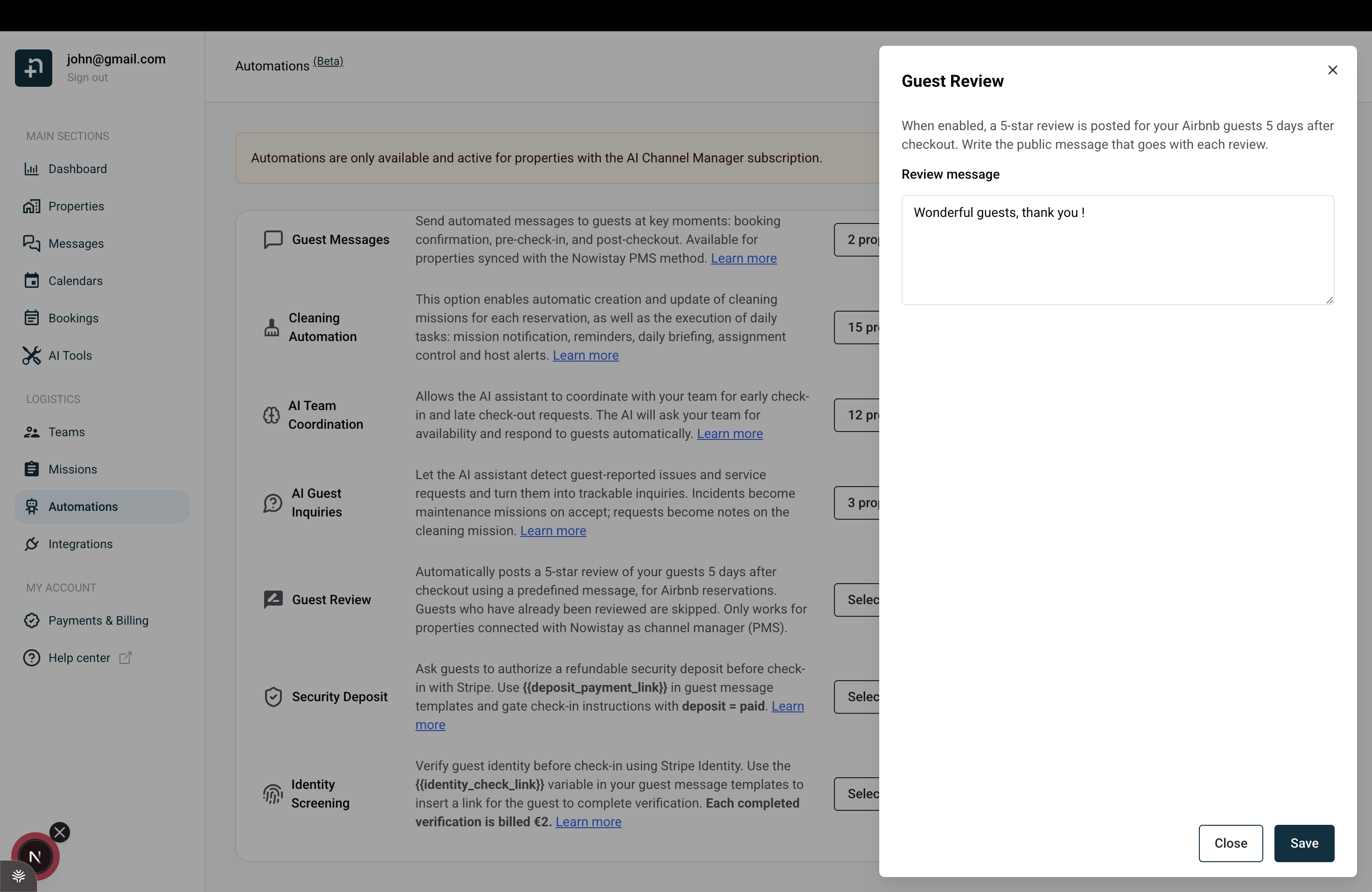 The Guest Review settings panel with the Review message field