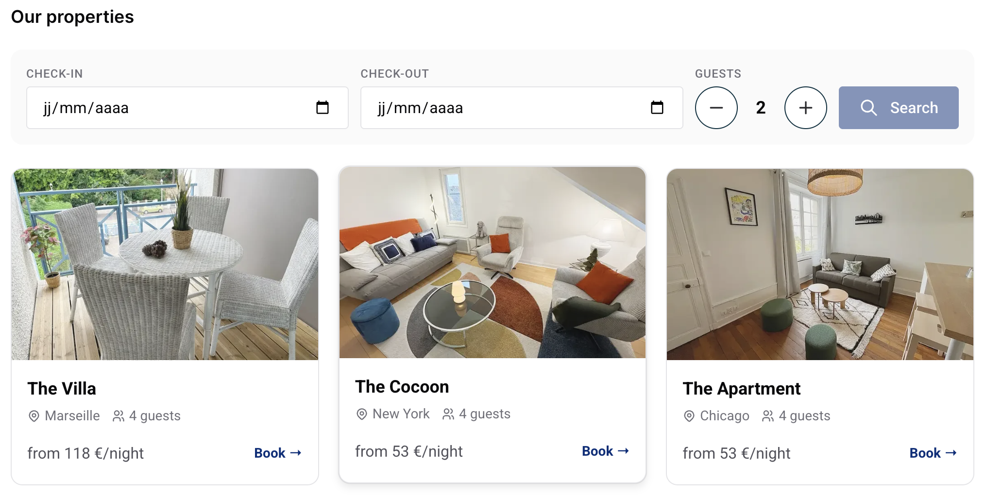 Multi-property widget showing all properties with starting prices and a date search bar