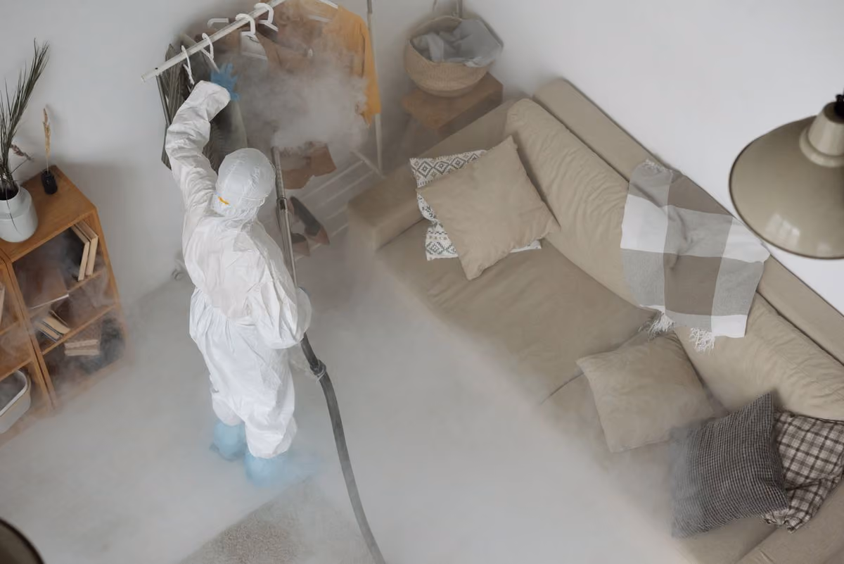 Professional sanitizing a home interior against pests
