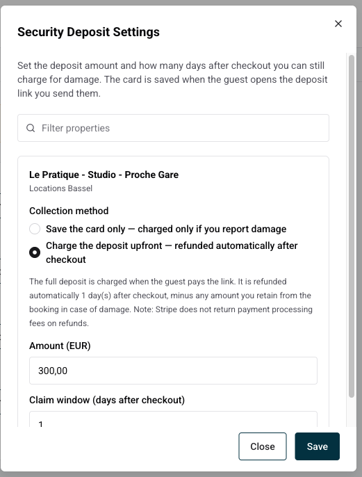 Security Deposit Settings with the Collection method choice: save the card only or charge the deposit upfront