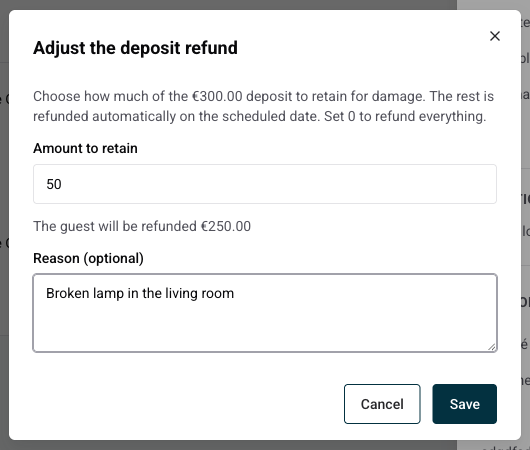 Adjust the deposit refund dialog with amount to retain, refund preview and reason