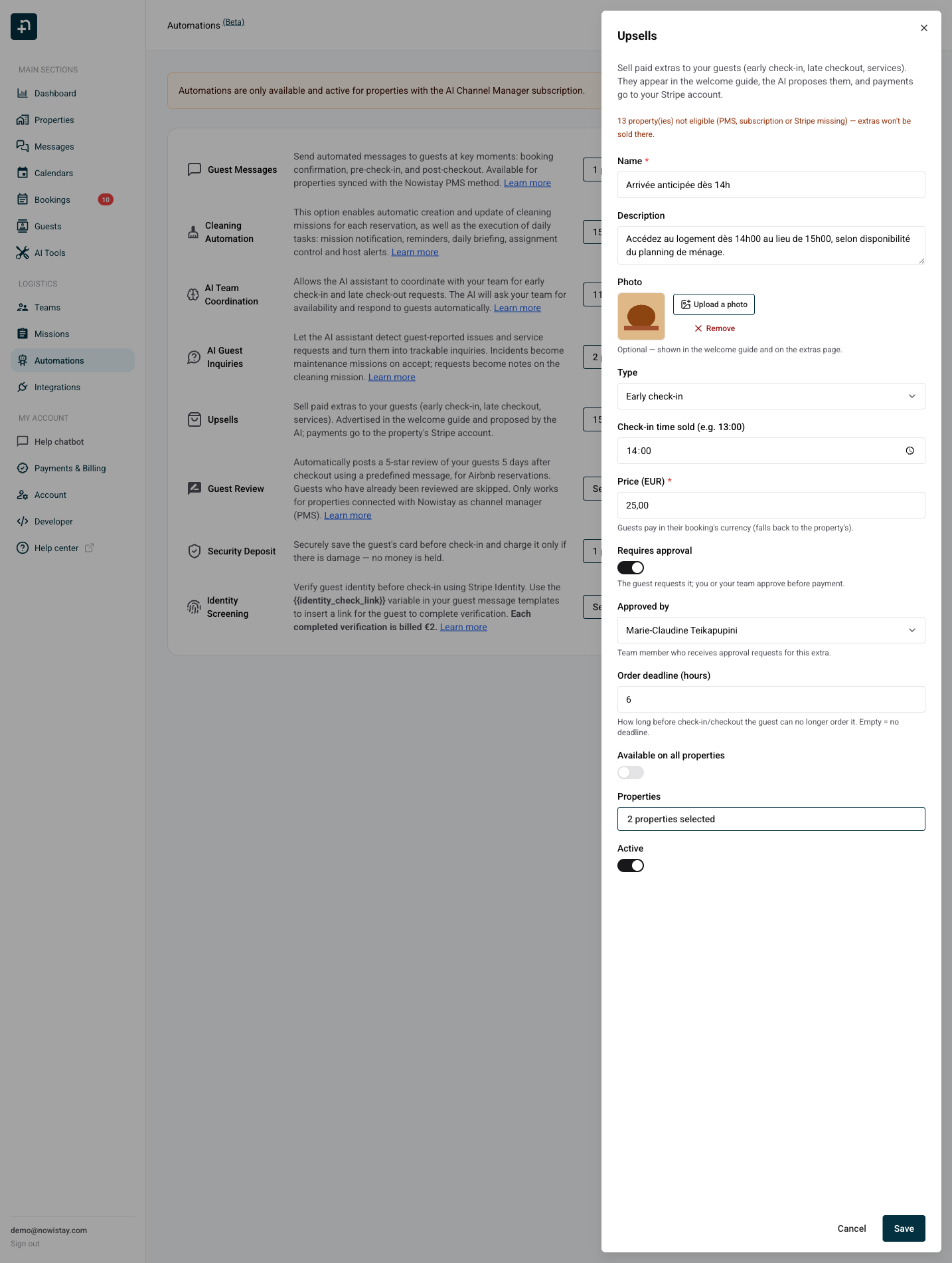 The extra editor with all settings: name, description, photo, type, price, approval, deadline and properties