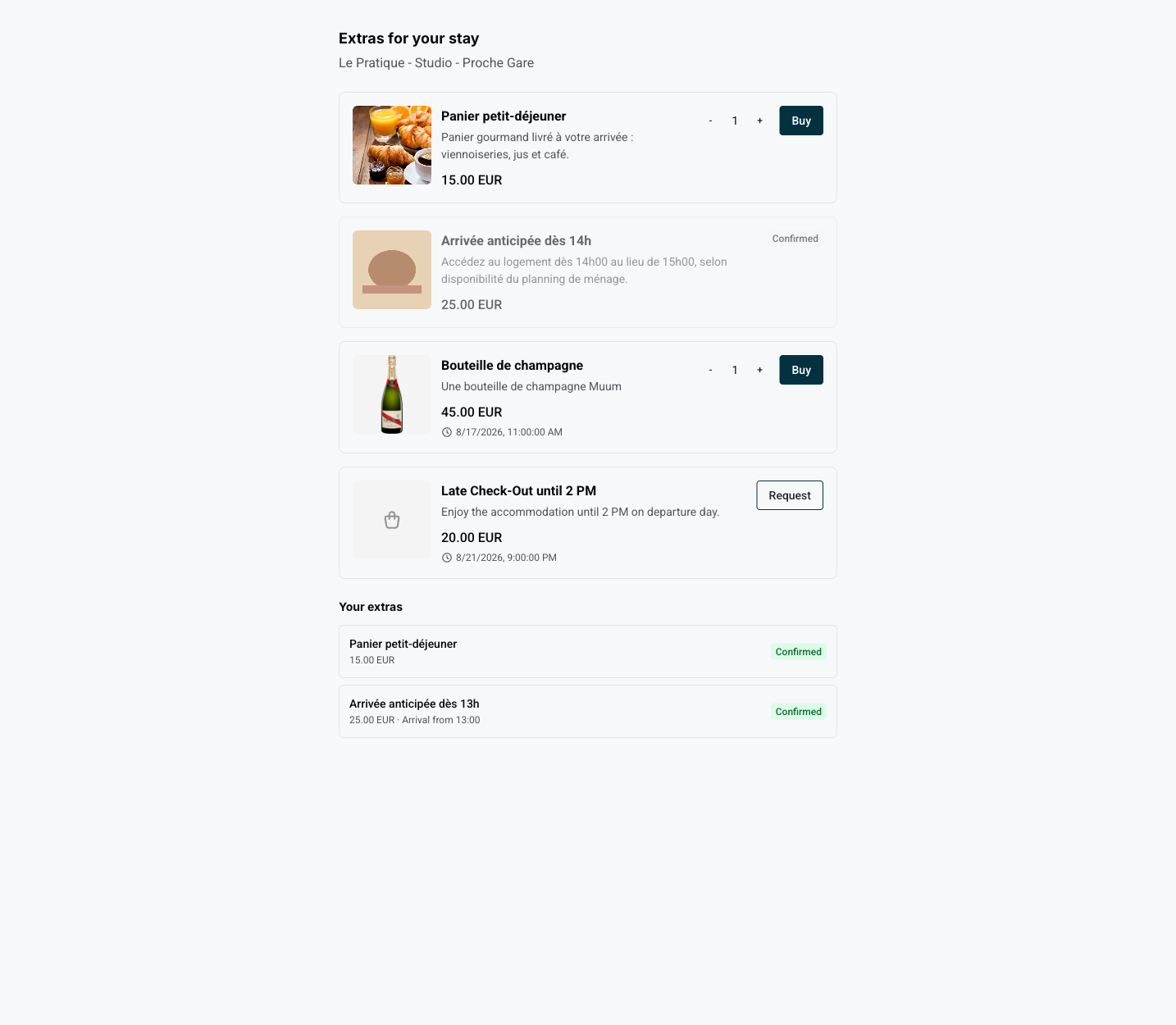 The guest extras page with the catalog and purchase history