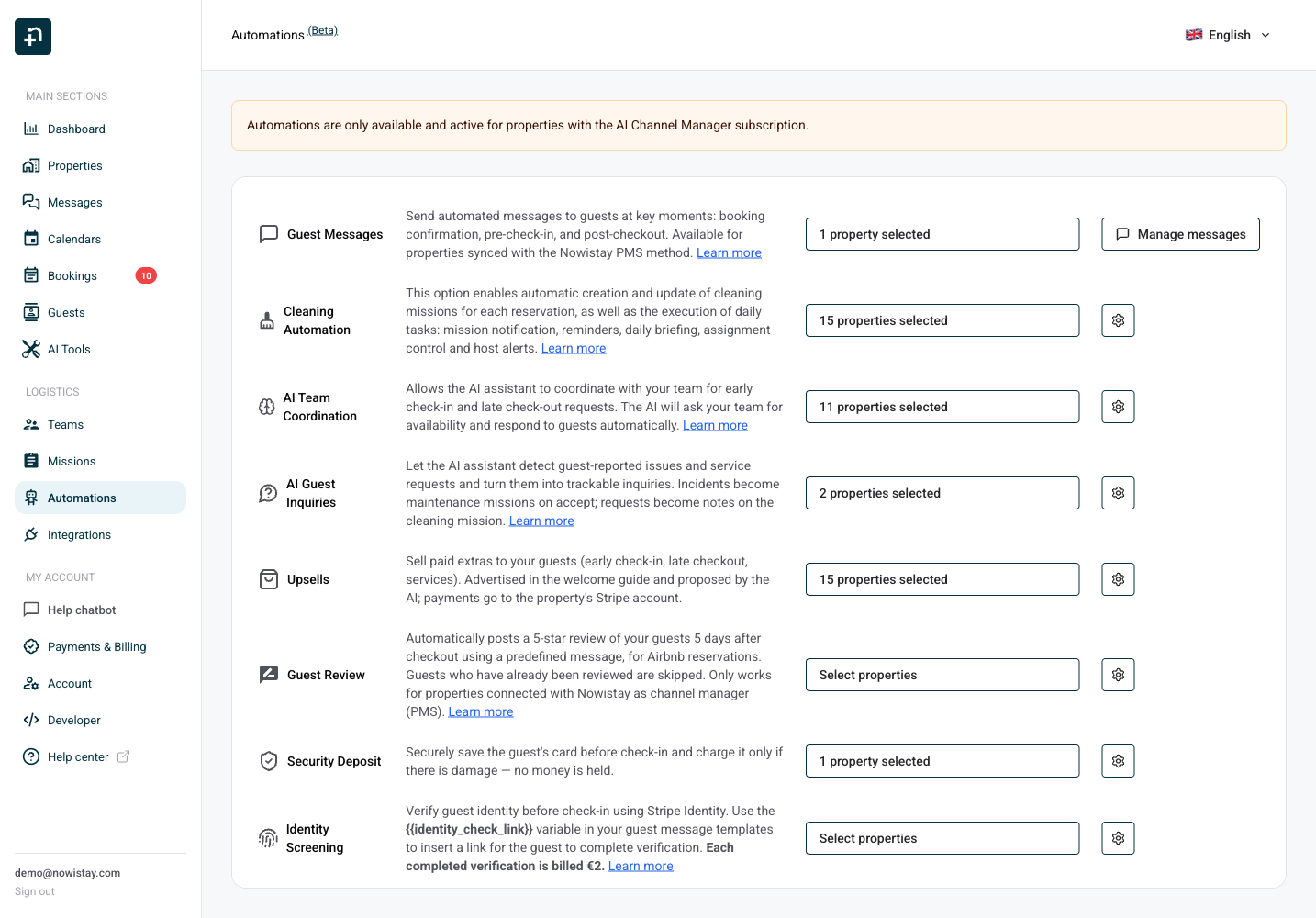 The Upsells row on the Nowistay Automations page