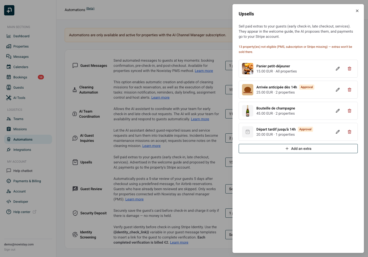 The Upsells catalog with extras: breakfast basket, early check-in, a bottle of champagne and late checkout