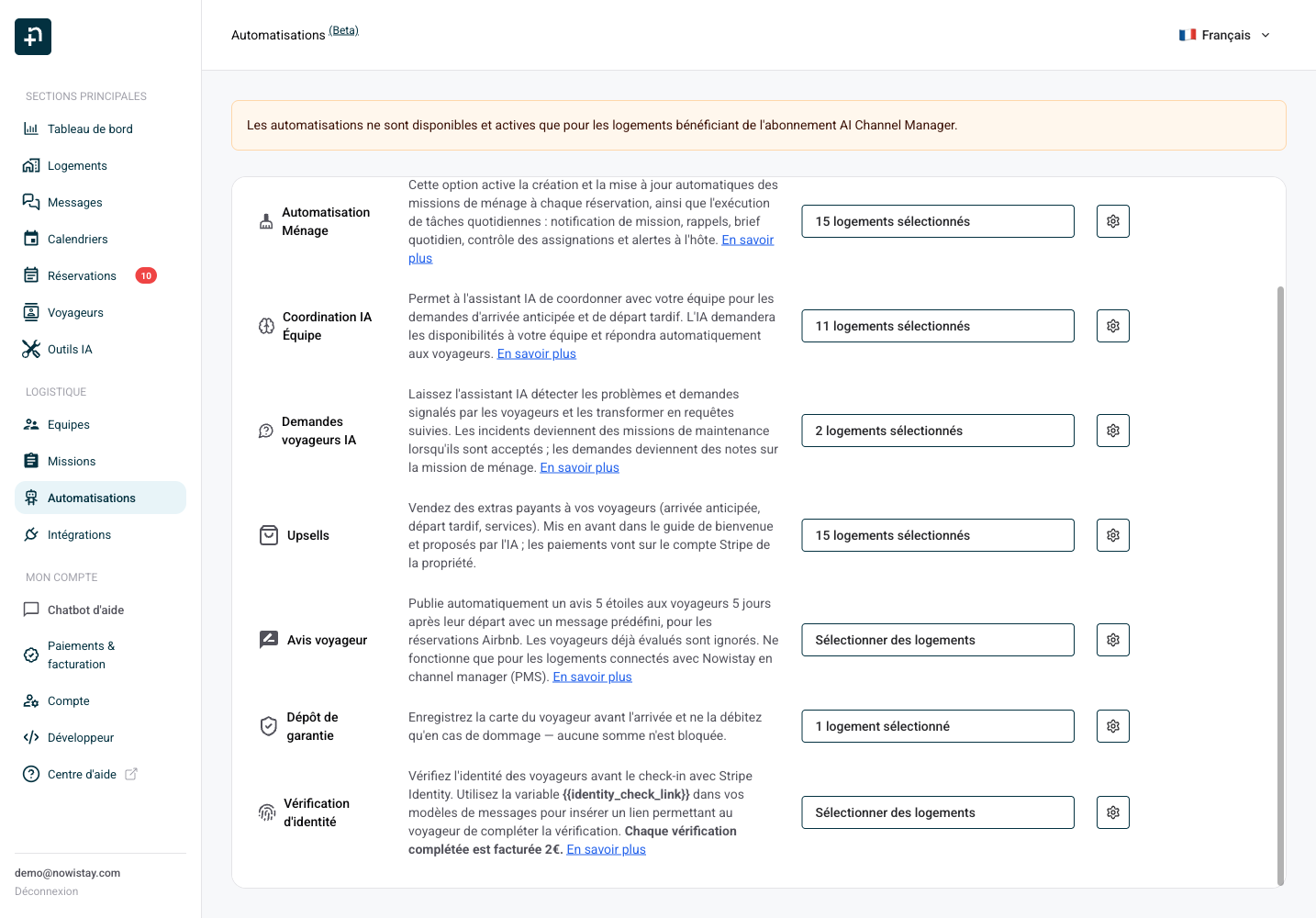La ligne Upsells sur la page Automatisations de Nowistay