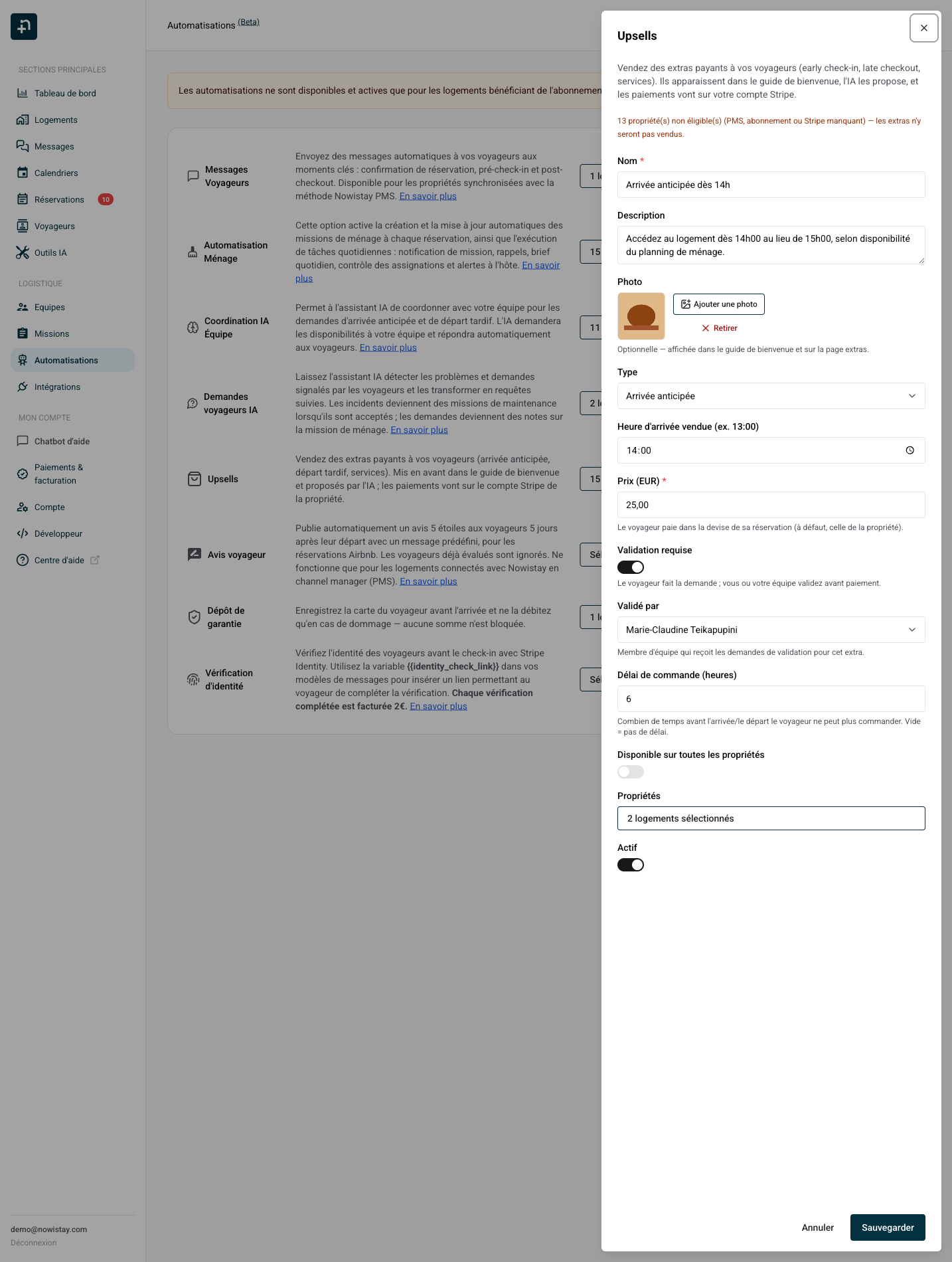 L'éditeur d'extra avec tous les réglages : nom, description, photo, type, prix, validation, délai et propriétés
