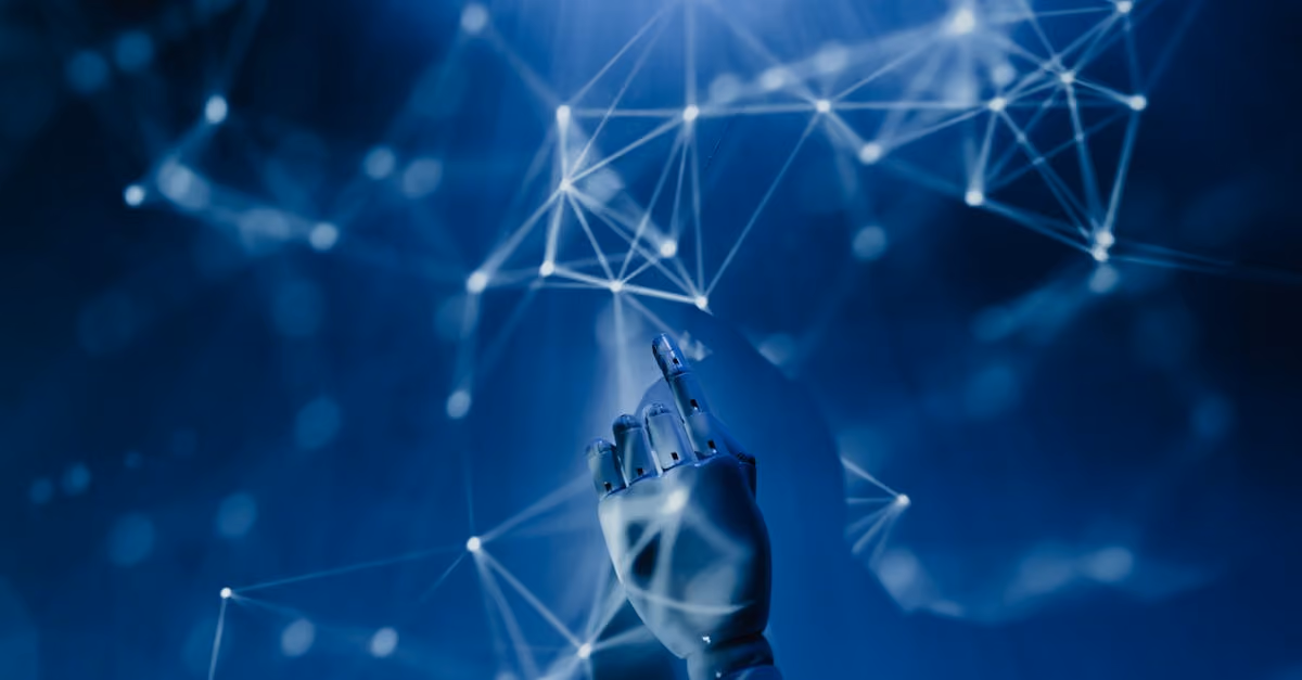 A robotic hand reaching into a digital network on a blue background, symbolizing AI technology. - Picture by Tara Winstead