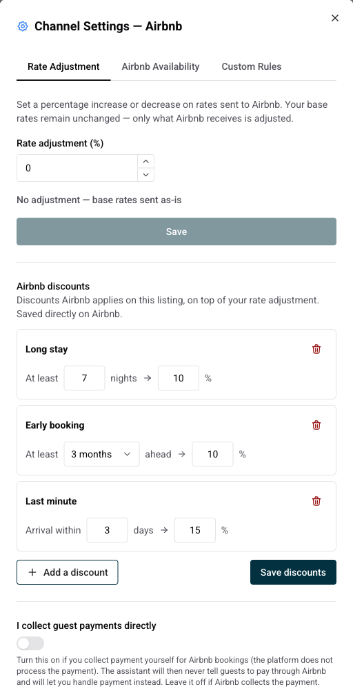 Channel Settings dialog showing the Airbnb discounts section with a long stay, an early booking and a last minute discount