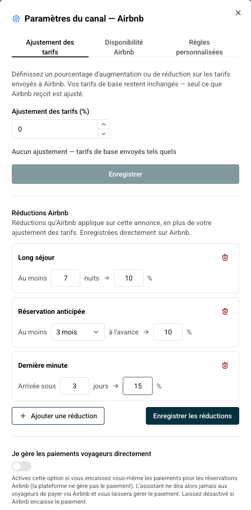 Fenêtre des paramètres du canal montrant la section Réductions Airbnb avec une réduction long séjour, une réservation anticipée et une dernière minute