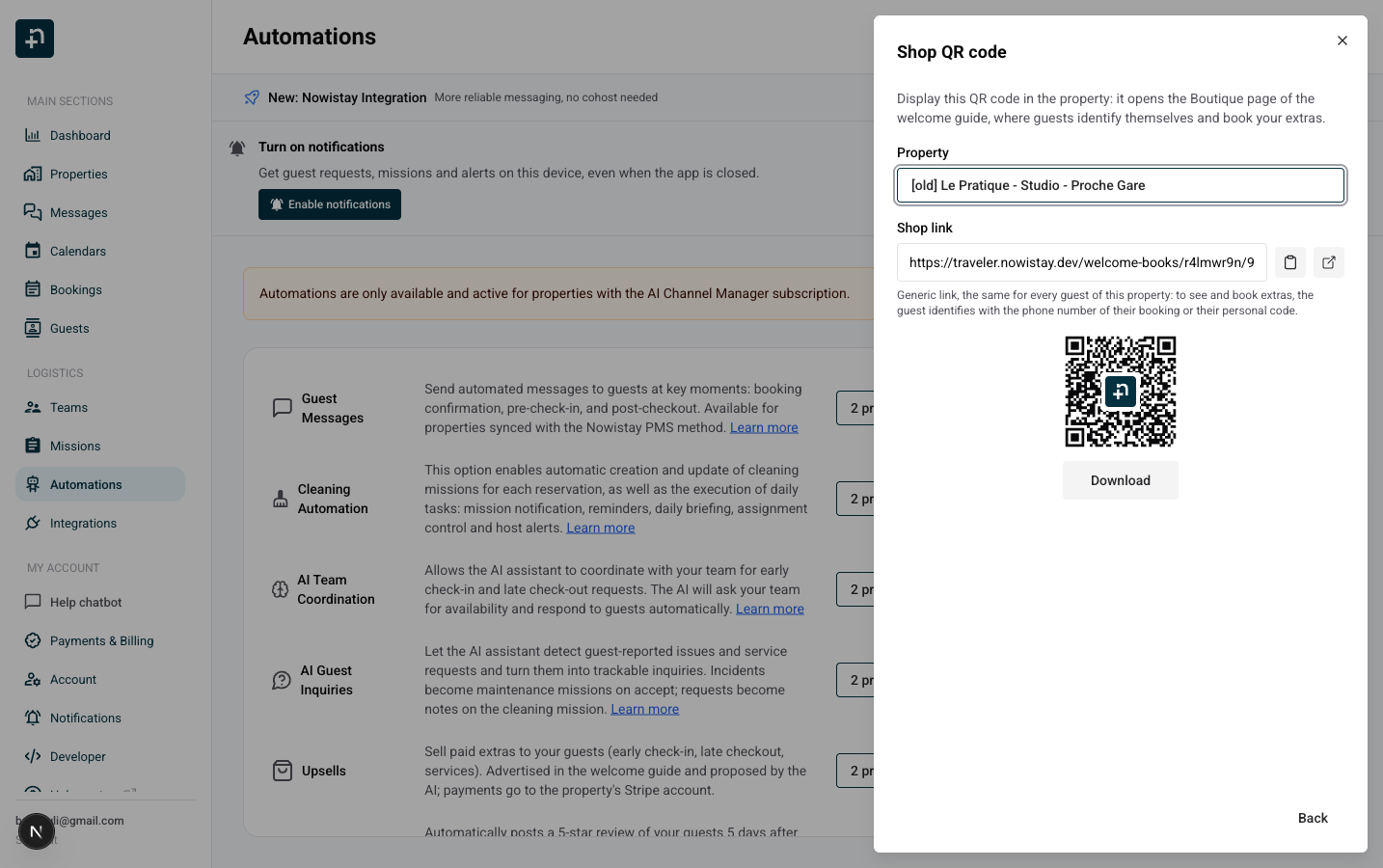 The shop QR code view: property picker, shop link with copy and open buttons, and the QR code with its Download button