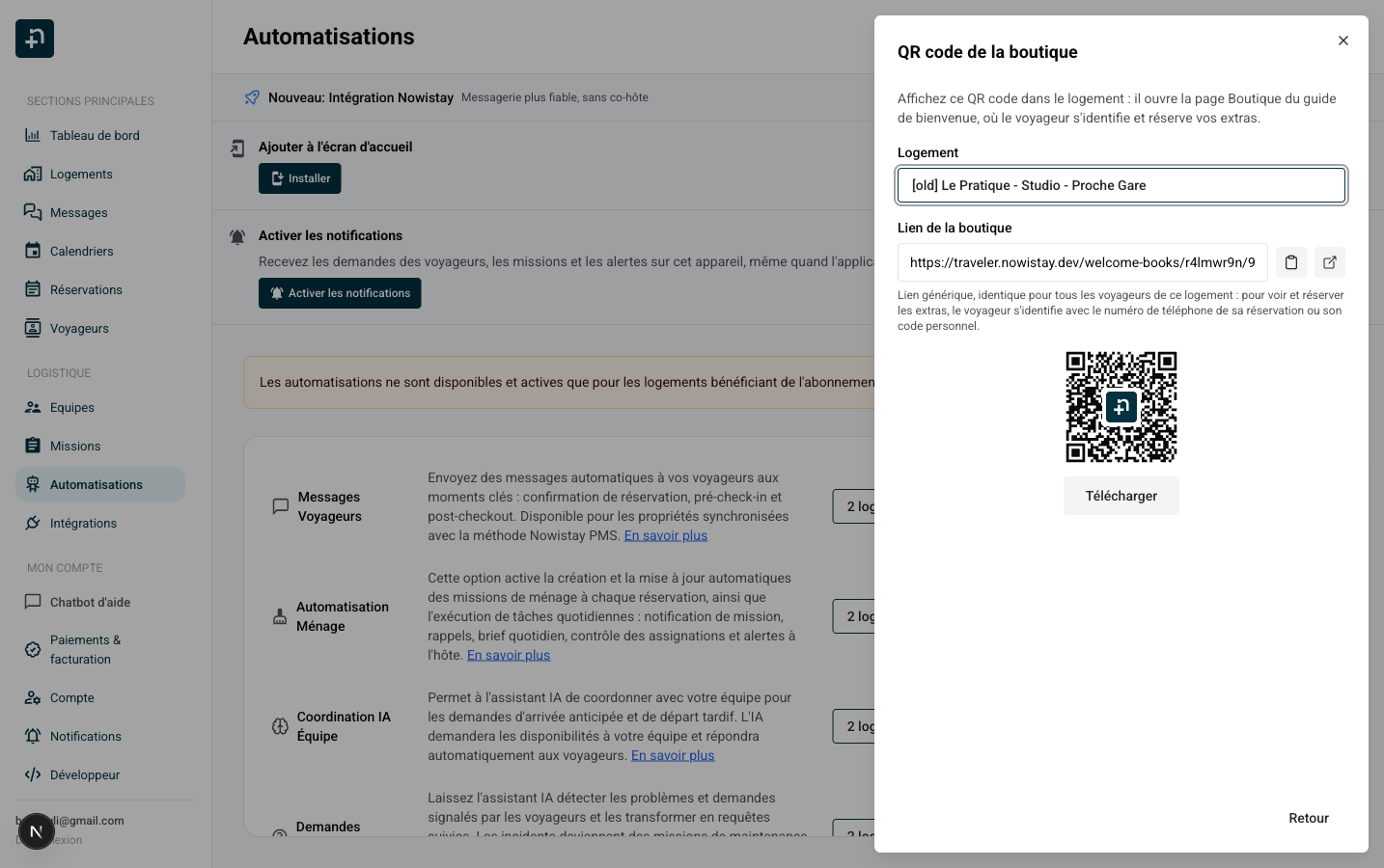 La vue QR code de la boutique : sélecteur de logement, lien de la boutique avec boutons copier et ouvrir, et le QR code avec son bouton Télécharger