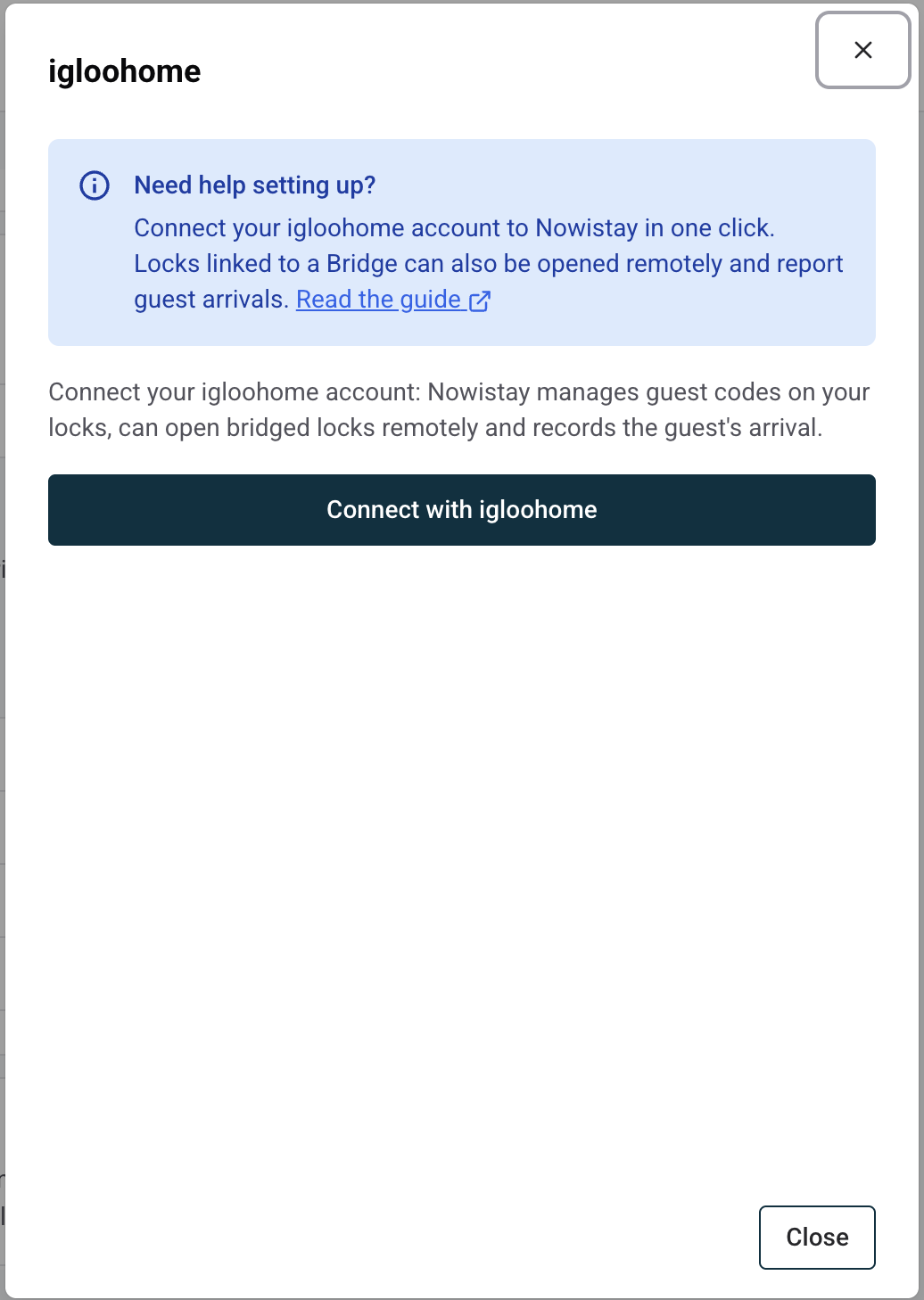 igloohome connection panel in Nowistay with the Connect with igloohome button