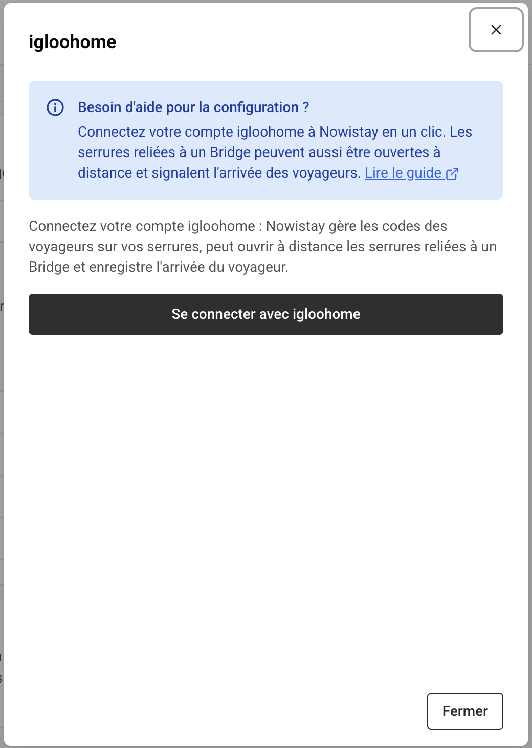 Panneau de connexion igloohome dans Nowistay avec le bouton Se connecter avec igloohome