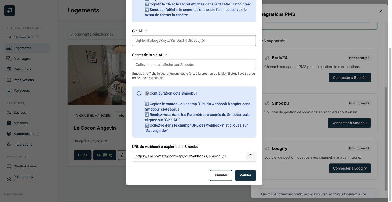 La fenêtre de connexion Smoobu dans Nowistay avec les champs Clé API, Secret de la clé API et URL du webhook
