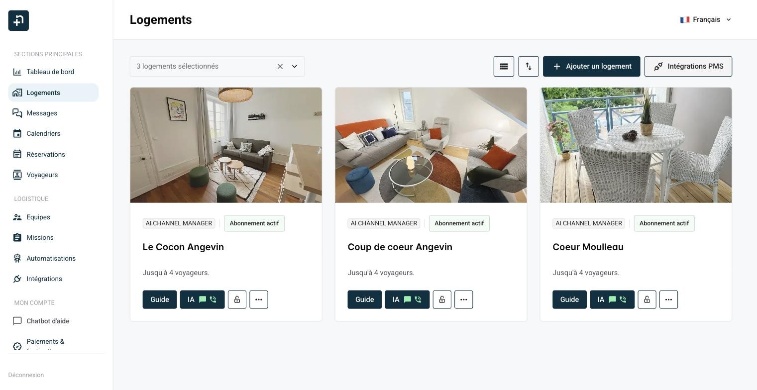 La page Logements de Nowistay avec le bouton Intégrations PMS en haut à droite