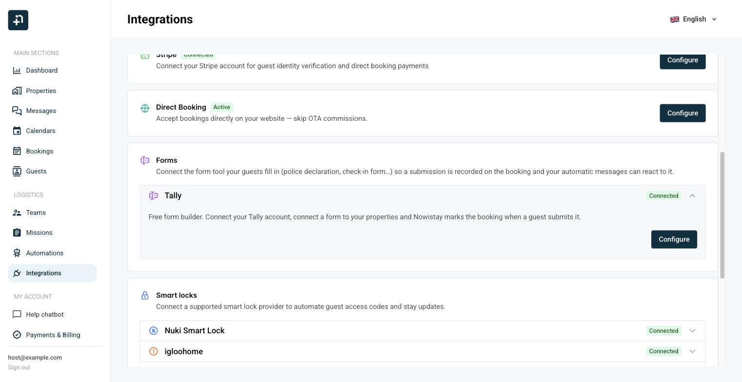 Nowistay Integrations page with the Forms section and the Tally row open