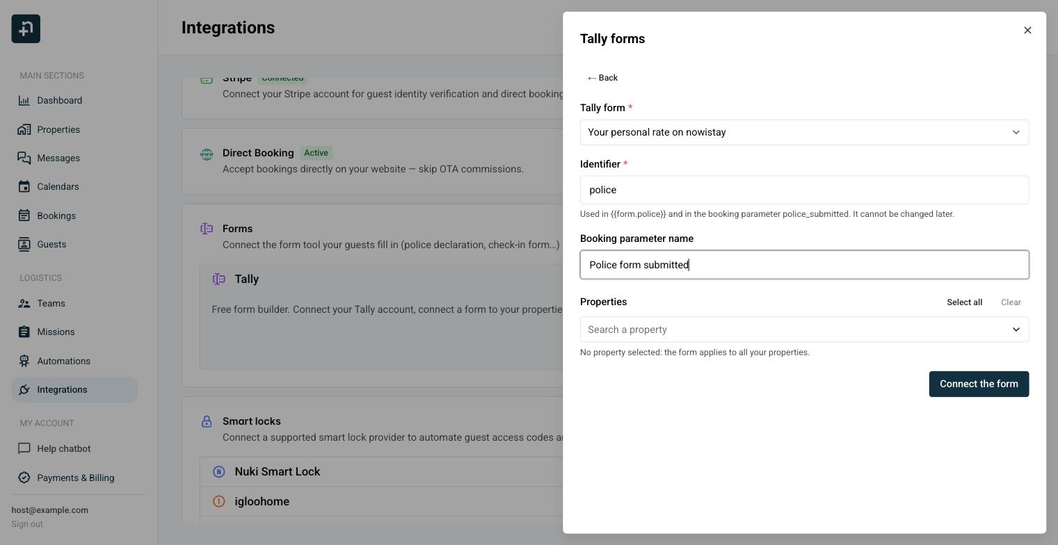 Connect a form view with the Tally form, Identifier, Booking parameter name and Properties fields