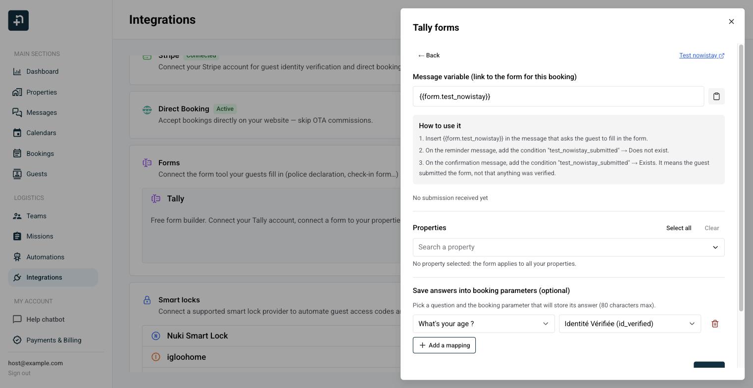 Edit view of a connected form with the message variable, the How to use it box and a question mapping