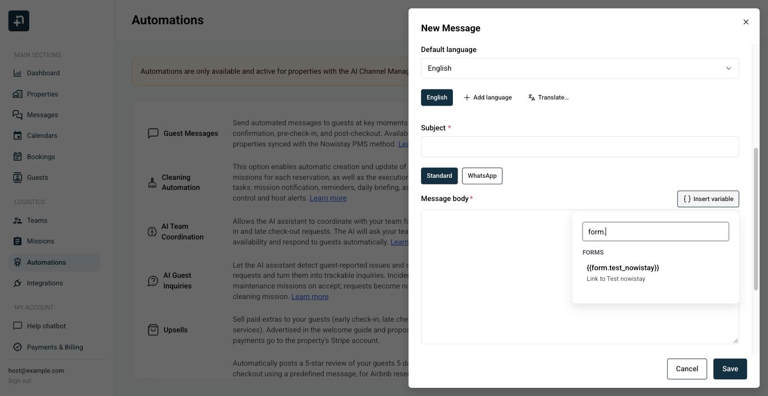 Insert variable picker filtered on form. showing the Forms group