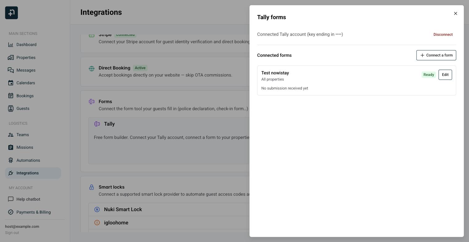 Tally forms panel listing the connected forms