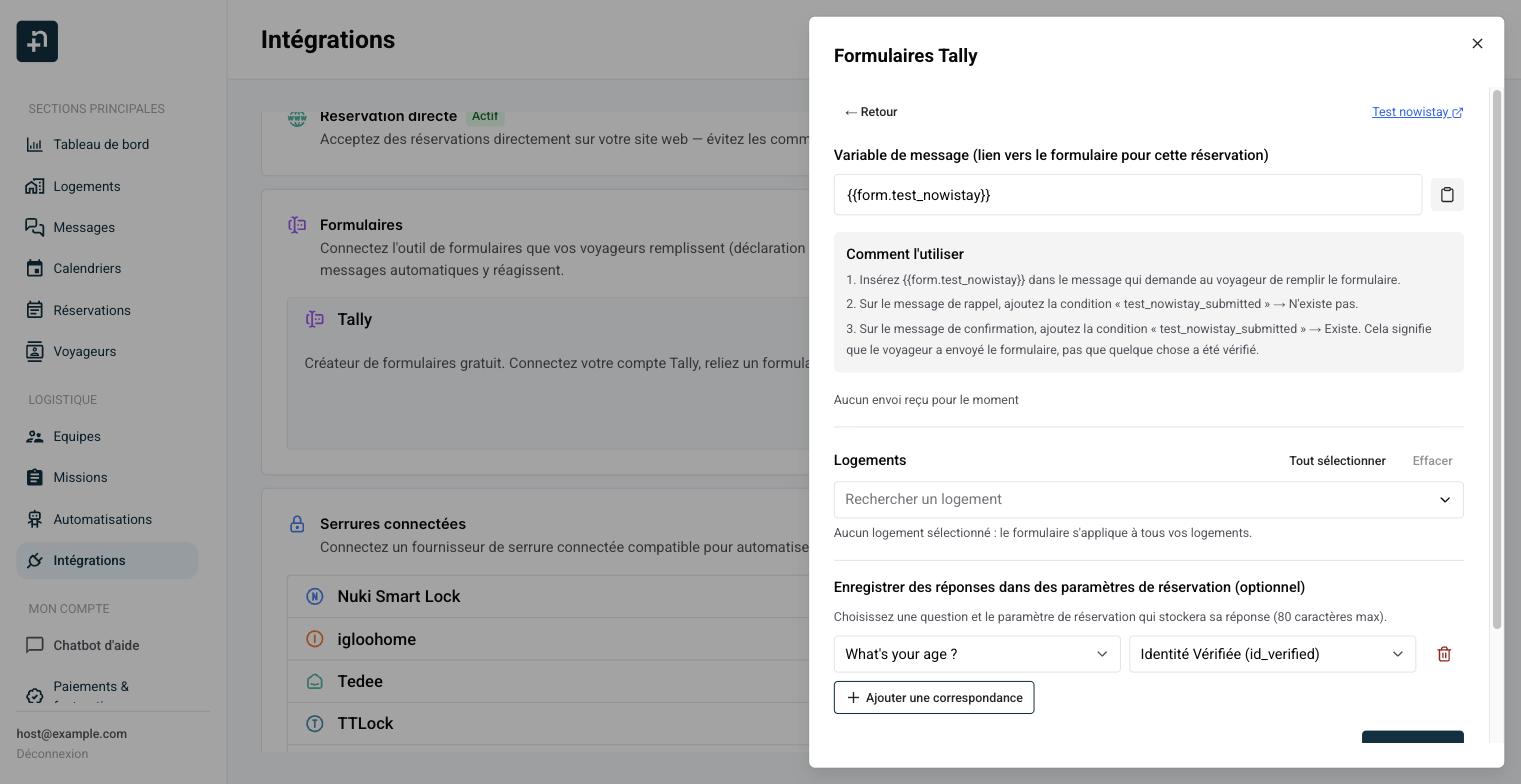 Écran de modification d'un formulaire connecté avec la variable de message, l'encadré Comment l'utiliser et une correspondance de question