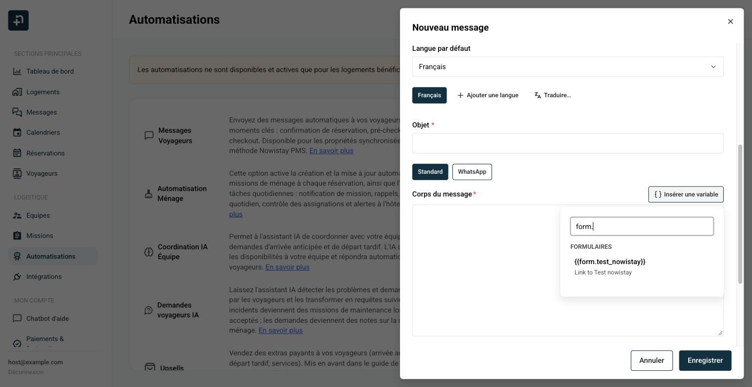Sélecteur Insérer une variable filtré sur form. affichant le groupe Formulaires