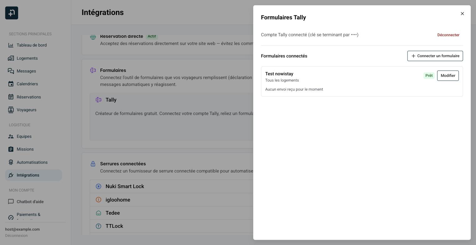 Panneau Formulaires Tally avec la liste des formulaires connectés