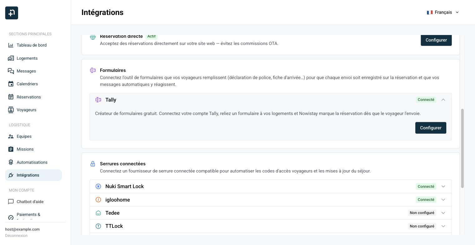 Page Intégrations de Nowistay avec la section Formulaires et la ligne Tally ouverte