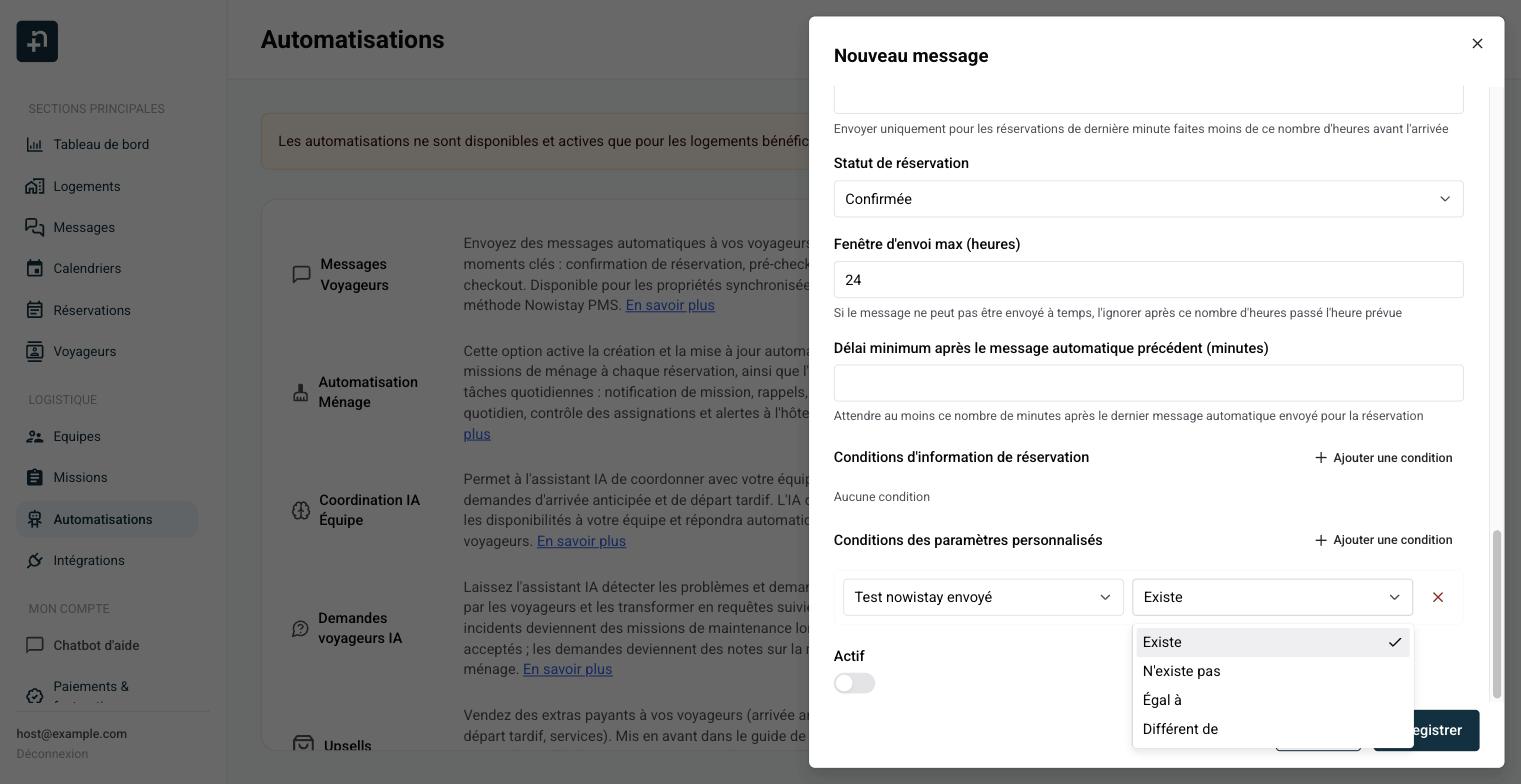 Conditions des paramètres personnalisés avec un paramètre de formulaire et les opérateurs Existe et N'existe pas