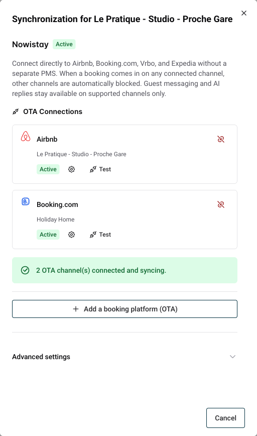 Synchronization window listing the Airbnb and Booking.com connections, each with a Channel settings gear icon