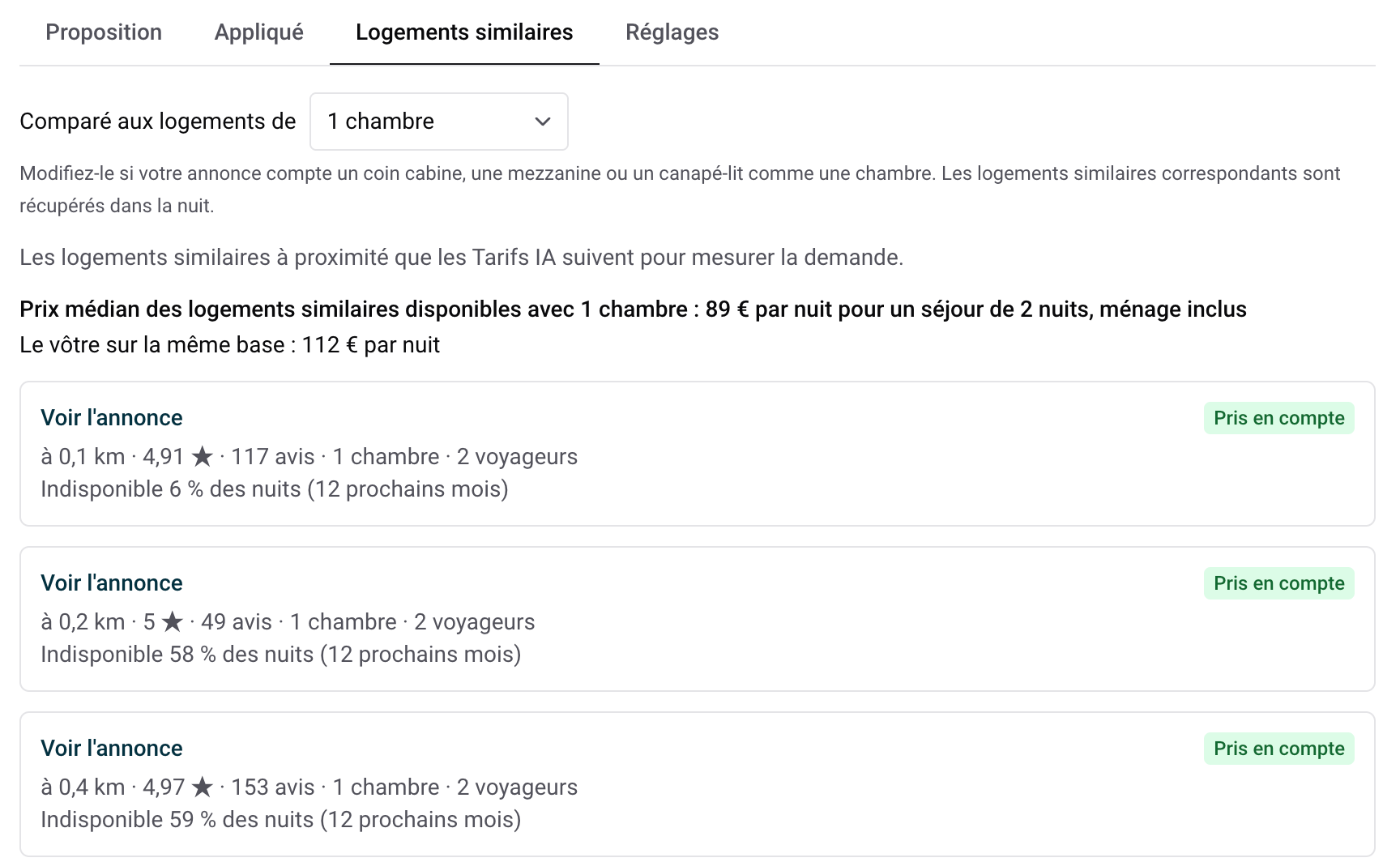 Onglet Logements similaires des Tarifs IA : nombre de chambres, prix médian des logements similaires et logements pris en compte