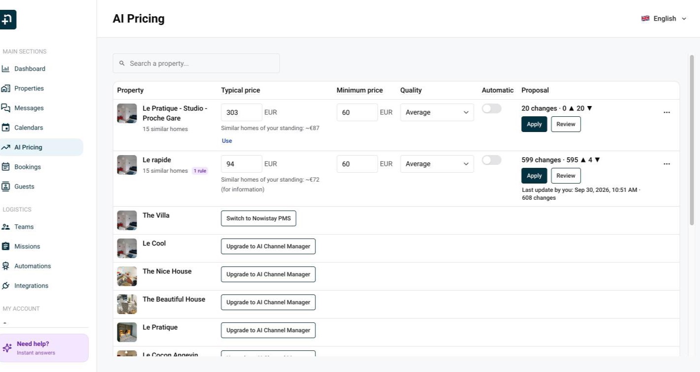 The AI Pricing page: one row per property with typical price, minimum price, quality, Automatic and the proposal