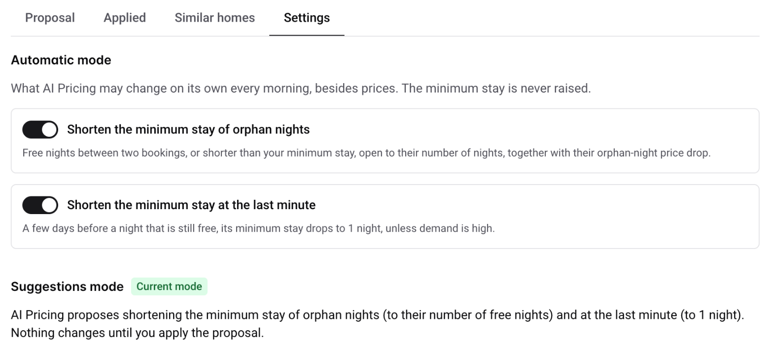 AI Pricing Settings tab: the two minimum-stay switches of Automatic mode
