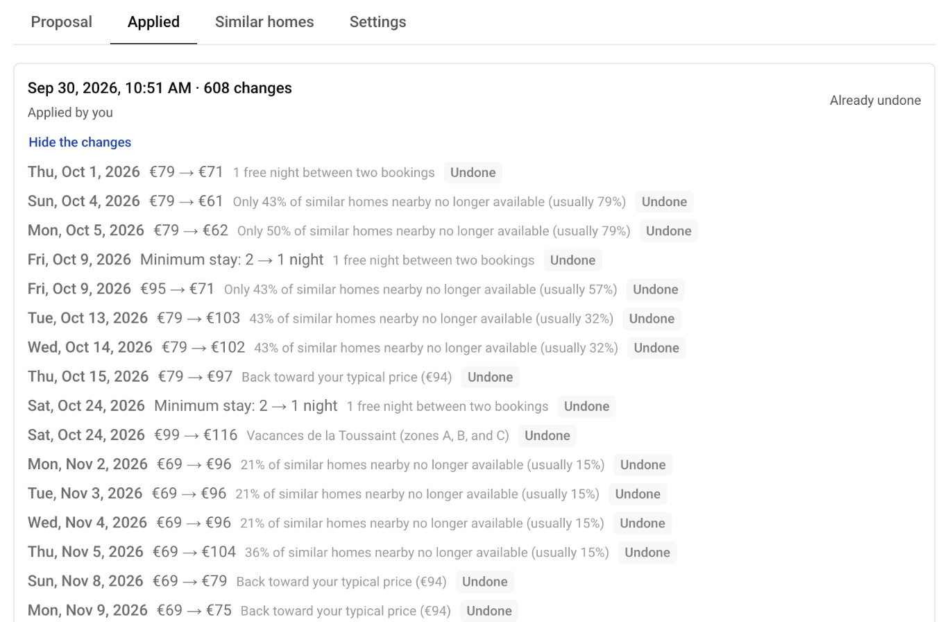 AI Pricing Applied tab: the list of nights changed by an update, with old and new prices