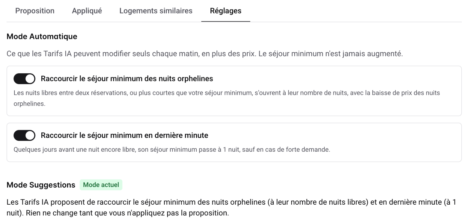Onglet Réglages des Tarifs IA : les deux interrupteurs de séjour minimum du mode Automatique