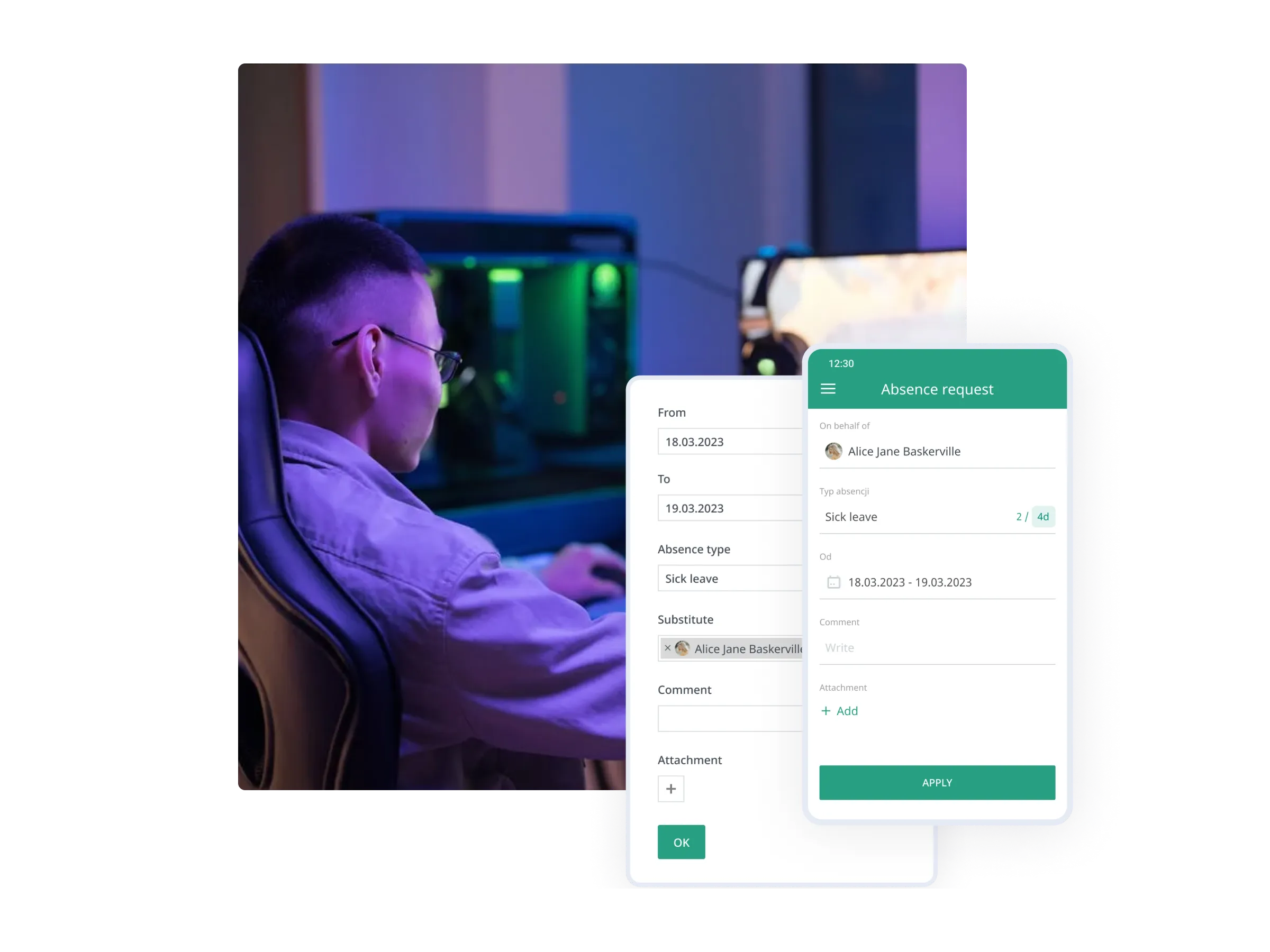 Gaming studio and absence request screen in calamari mobile app