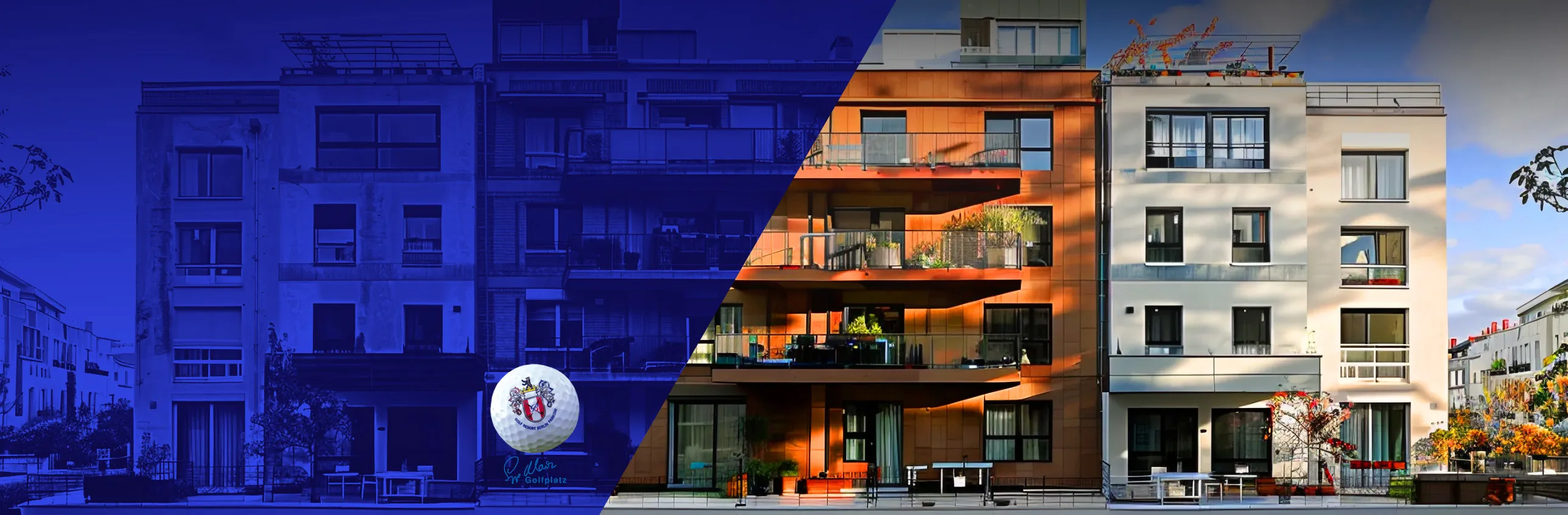 A luxury building with a blue overlay and the Golf Pankow logo