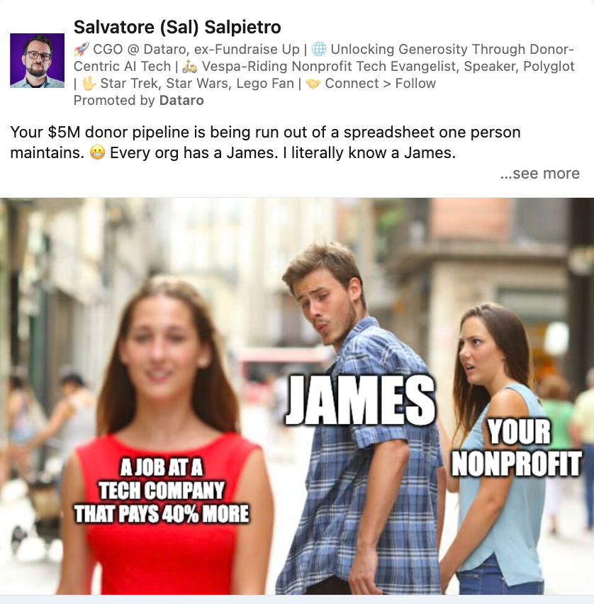 LinkedIn promoted post by Dataro's Salvatore Salpietro using a distracted boyfriend meme about SaaS pricing