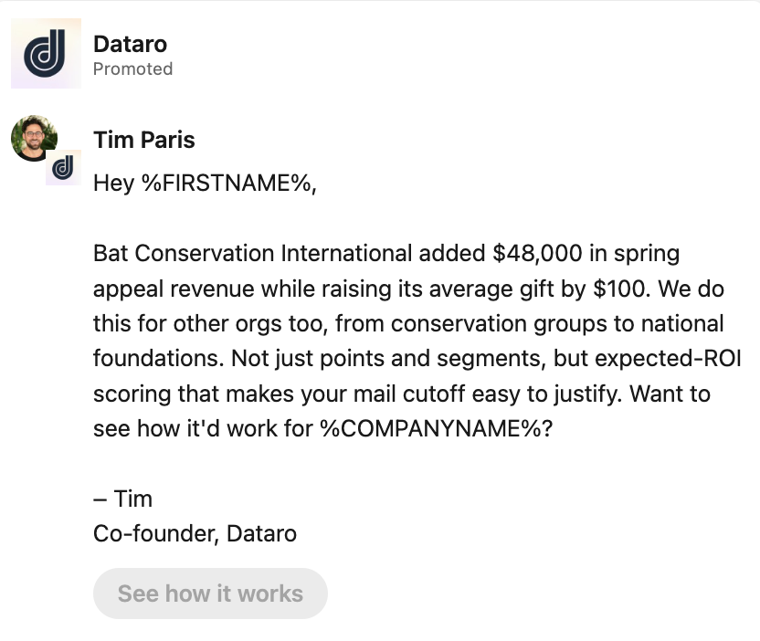 Dataro LinkedIn conversation ad featuring co-founder Tim Paris discussing appeal renewal rates