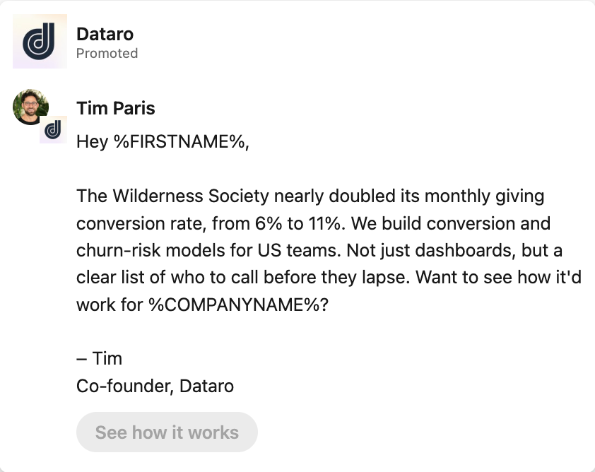 Dataro LinkedIn conversation ad featuring co-founder Tim Paris on donor churn and retention results