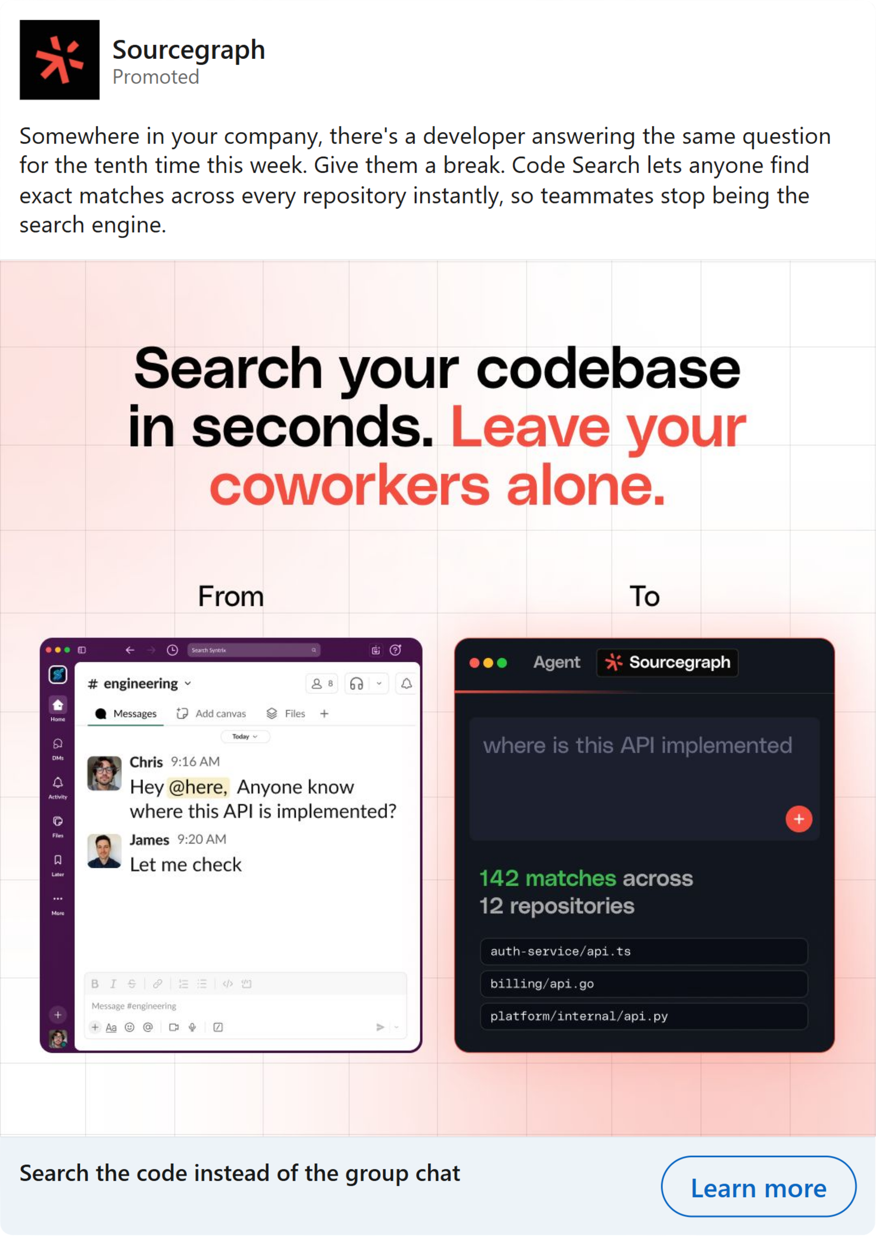 Sourcegraph LinkedIn ad in the product category — single image ad inspiration for technical SaaS brands