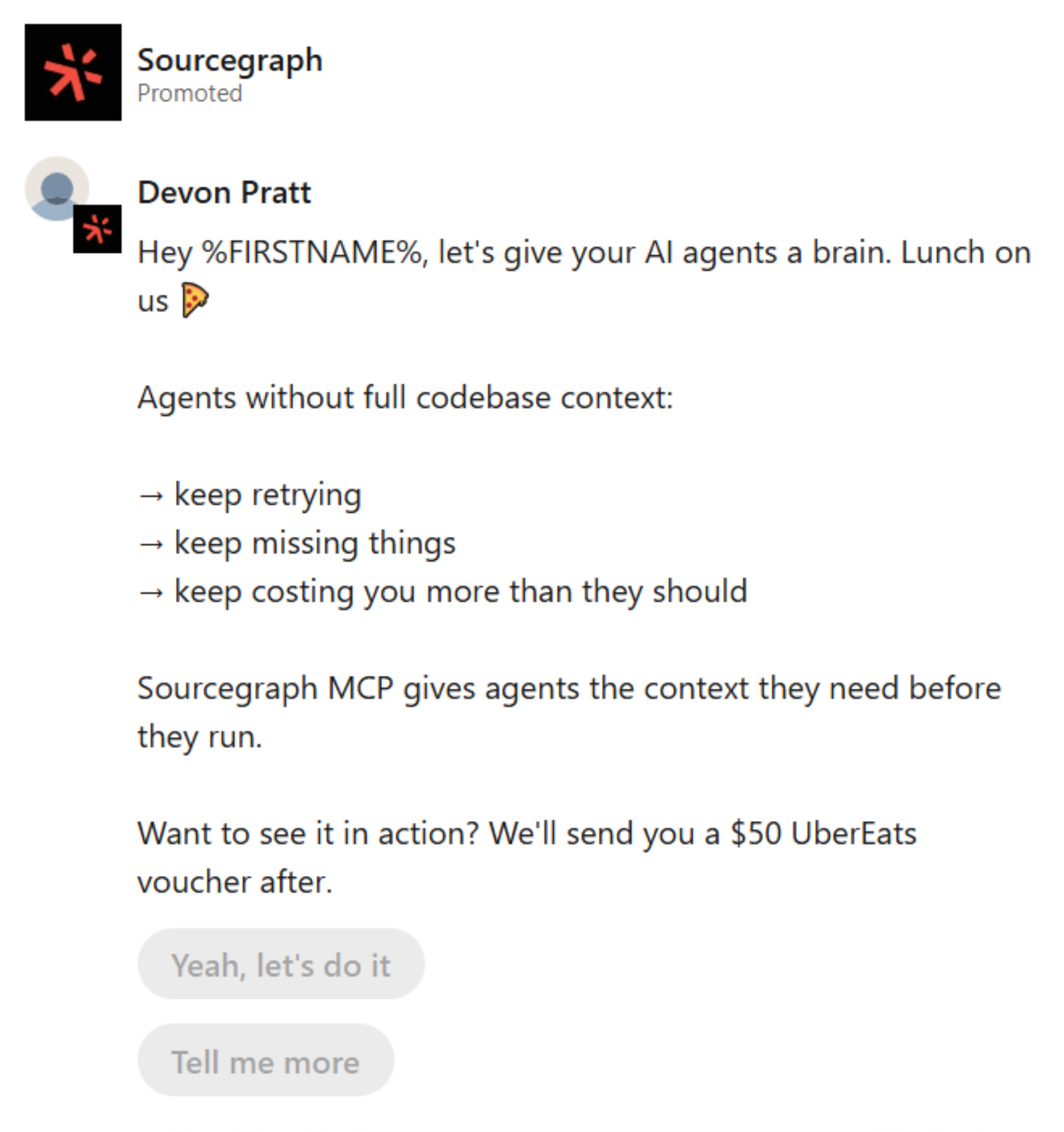 Sourcegraph LinkedIn ad in the product category — conversation ad inspiration for technical SaaS brands