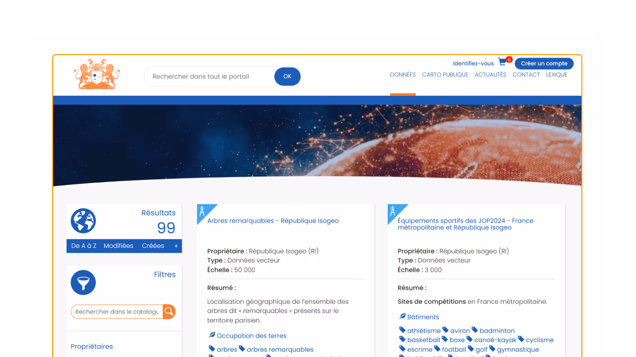 Capture du portail Isogeo : catalogue de données géographiques