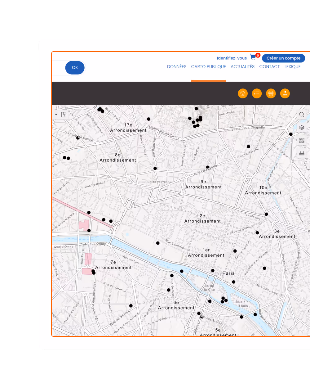 Capture du portail Isogeo : intégration iframe d'une application cartographique