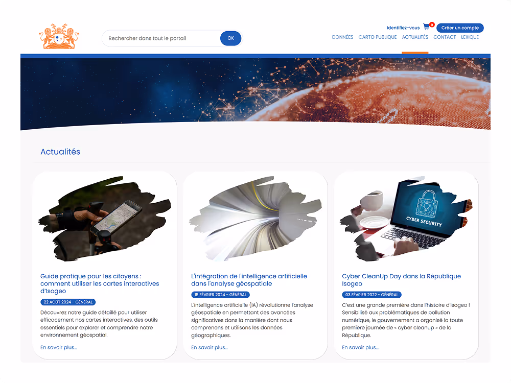 Capture portail géodonnées Isogeo espace actualités